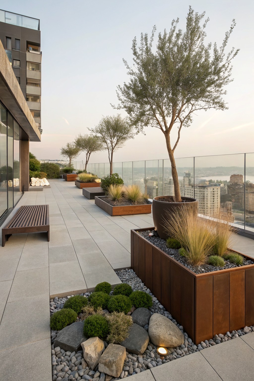 Rooftop terrace balcony with wooden bench, large potted trees, rectangular metal planters filled with grasses, and foreground wooden-framed bed containing boulders, pebbles, and small shrubs on gray tiled flooring with cityscape view.