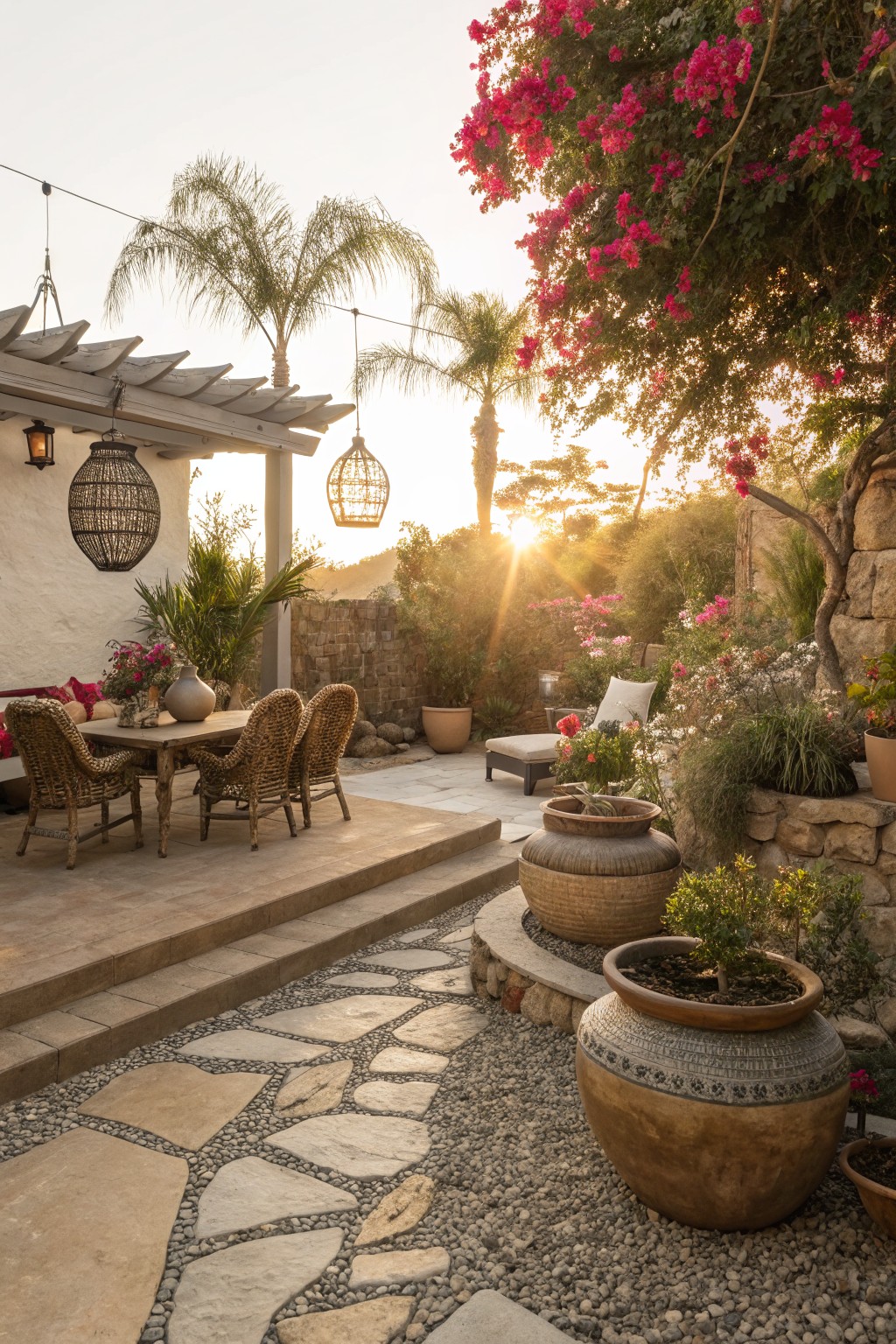 Outdoor patio area with wicker dining table and chairs under a pergola, steps leading down to a gravel path lined with large terracotta and woven pots containing plants, rock walls, bougainvillea trees, and palm trees in evening light.