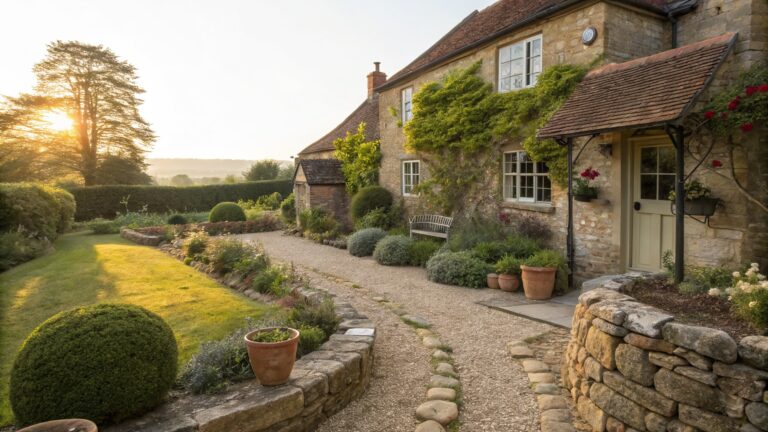 Stone cottage exterior with gravel path edged by low dry-stone wall topped with terracotta pots of topiary shrubs, climbing roses on trellis by entrance door, and manicured lawn border.