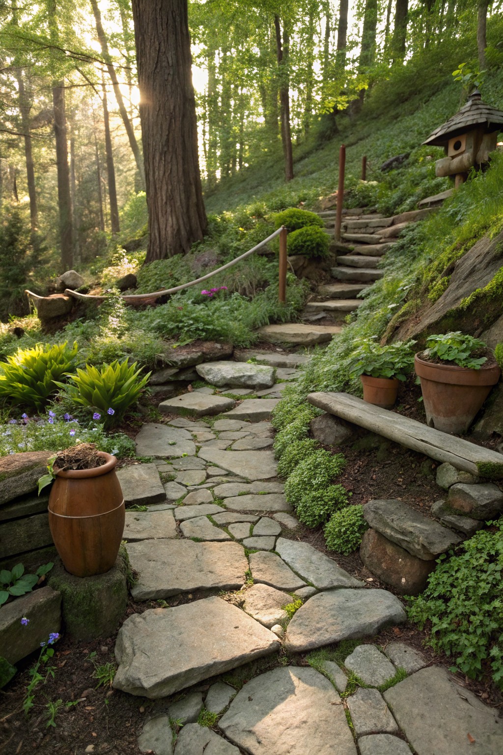 Winding irregular gray stone path and steps ascending a moss-covered hillside in a forest, with terracotta pots containing flowers and plants, a wooden bench, and a small wooden lantern structure.