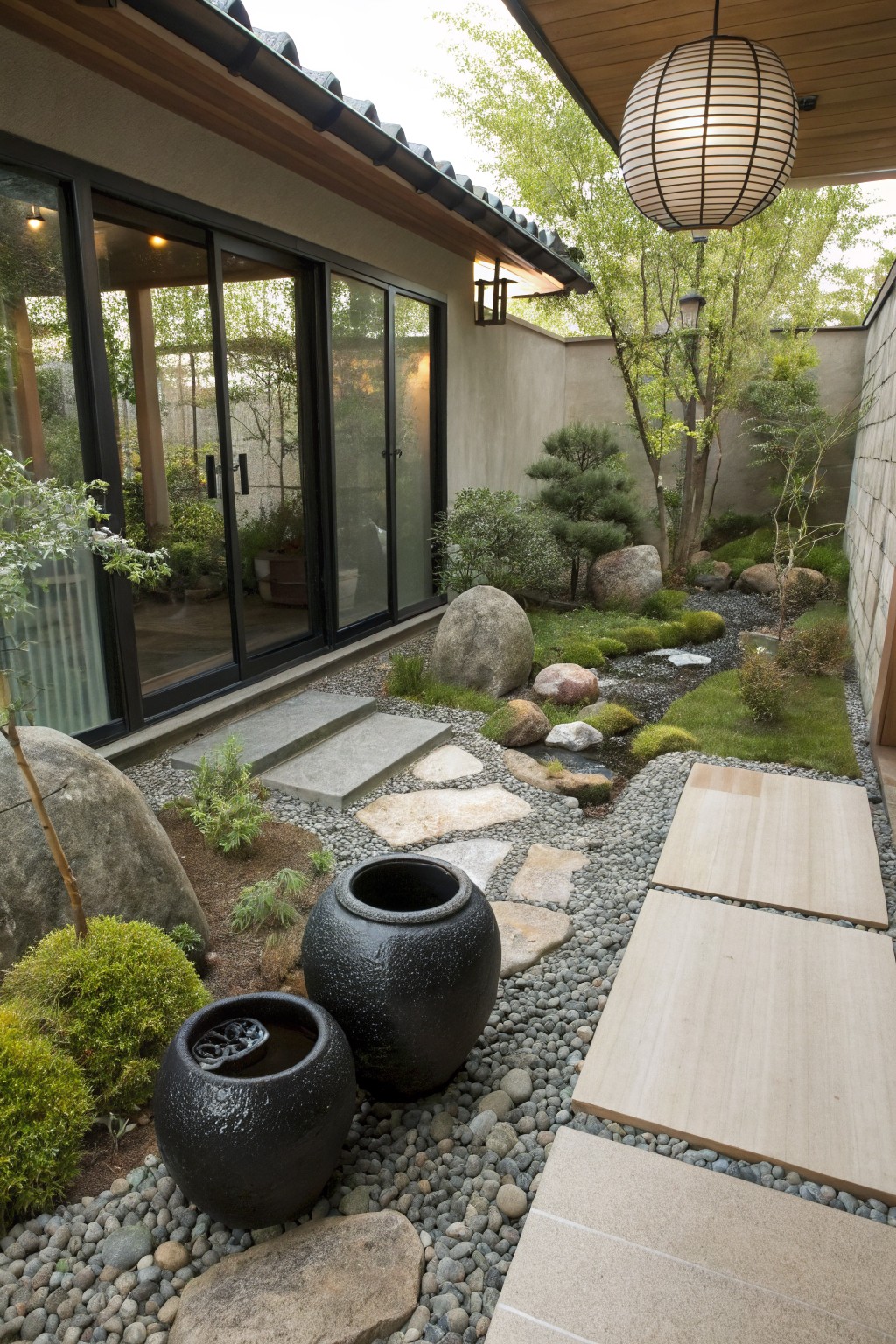 Japanese-style garden with large matte black ceramic pots including one with a water grate, smooth boulders, gravel paths, low green plants, mossy rocks, stone steps, and sliding glass doors on a house exterior.
