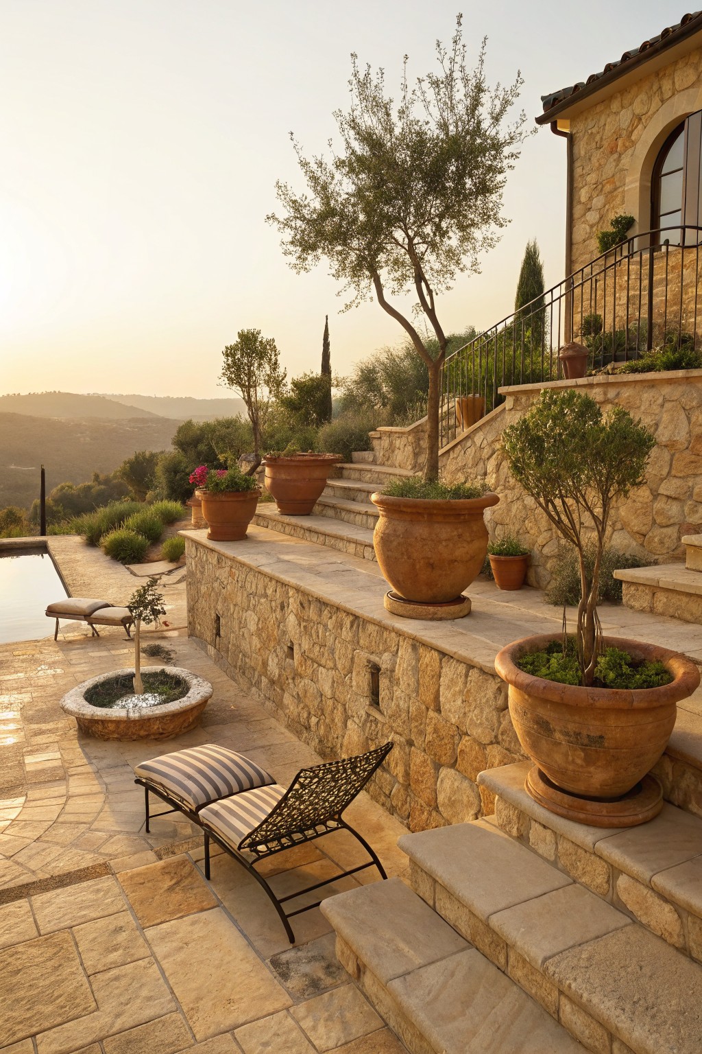 Stone terraced outdoor area next to a pool, featuring large terracotta pots with plants and small trees on walls and steps, a lounge chair, and a stucco house above overlooking hills at dusk.