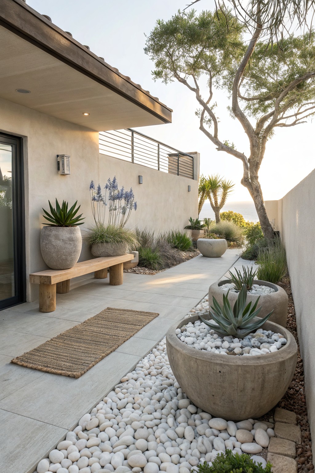 Beige stucco courtyard patio with sliding glass door, wooden bench, large textured stone pots planted with agaves and succulents, white pebble path and ground cover, surrounded by low shrubs and trees under a clear sky.