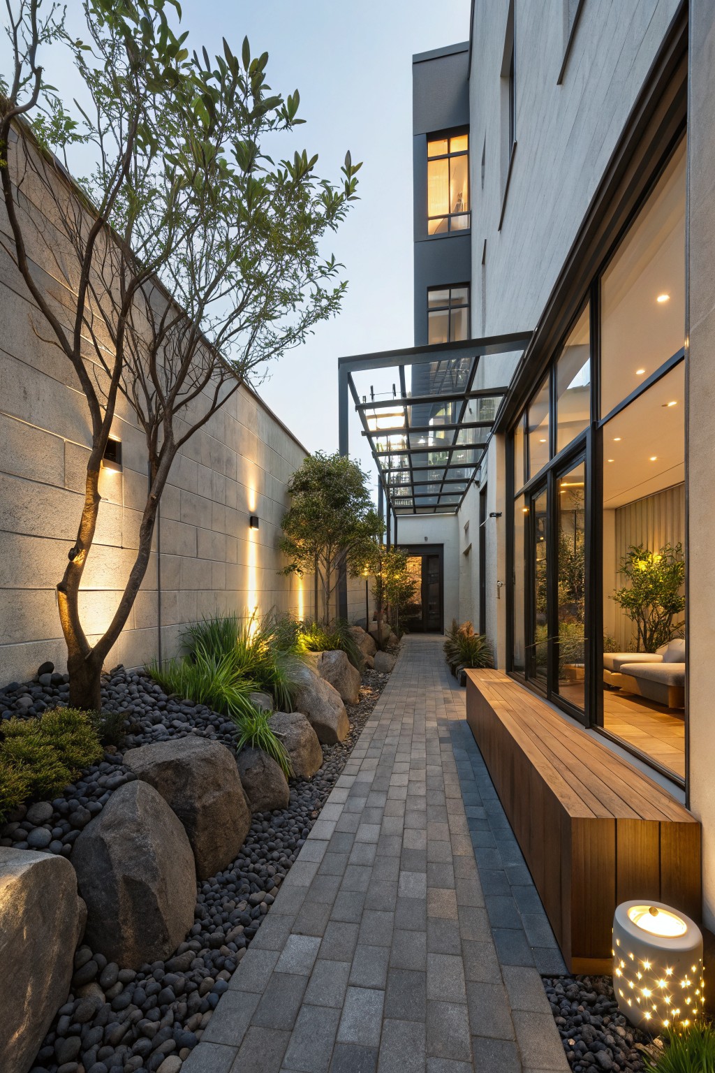 Narrow stone pathway bordered by large gray boulders, black gravel mulch, grasses, and shrubs alongside a modern white house wall with glass doors, wooden bench, and lighting.