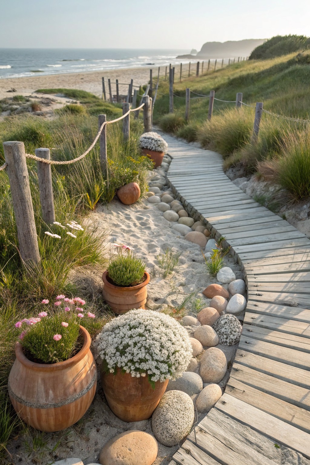 Curved wooden boardwalk path through sand and grass dunes edged with smooth rounded rocks and terracotta pots planted with flowers and grasses, with ocean beach and cliffs in the background.