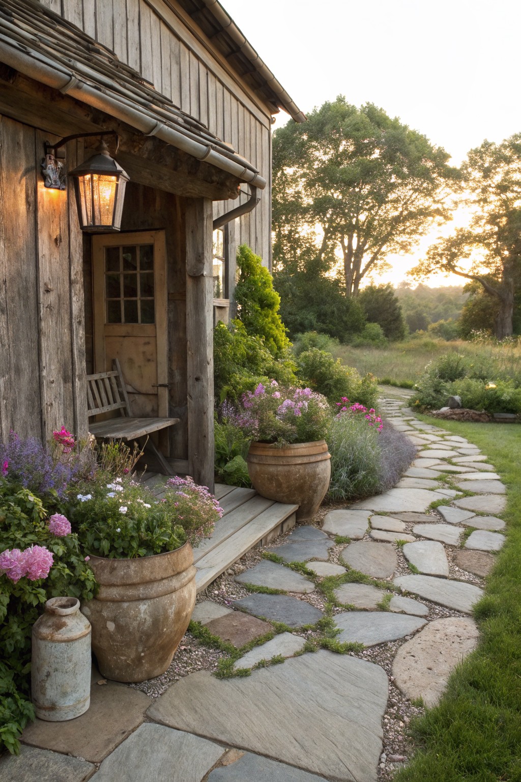 Rustic wooden shed with porch bench under an overhang lantern, surrounded by large terracotta pots of pink and purple flowers, and an irregular flagstone path winding through grass and garden beds toward trees at sunset.