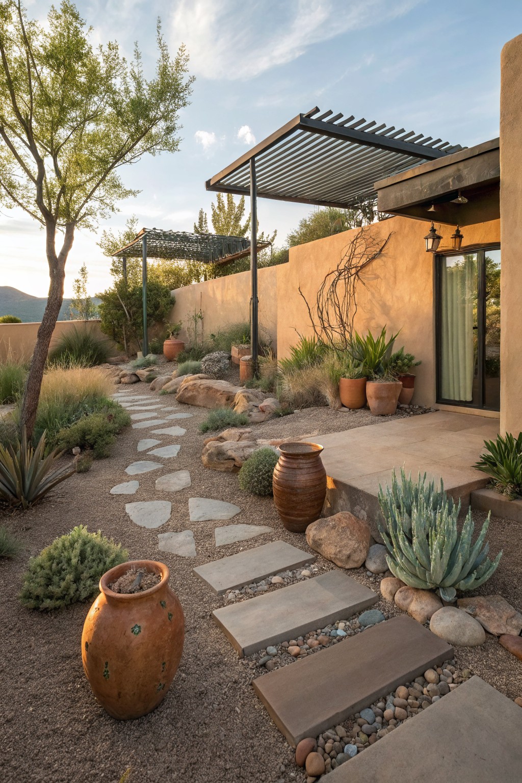 Winding irregular stepping stone path set in gravel and surrounded by large boulders, terracotta pots with succulents, and drought-tolerant plants leading to a stucco house entryway.
