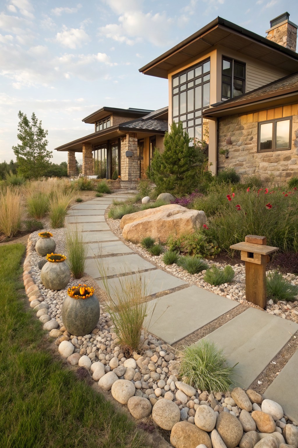 A curving flagstone pathway winds through a rock garden with large gray stone pots filled with orange flowers, bordered by gravel, ornamental grasses, boulders, and low plants leading toward a modern house exterior.
