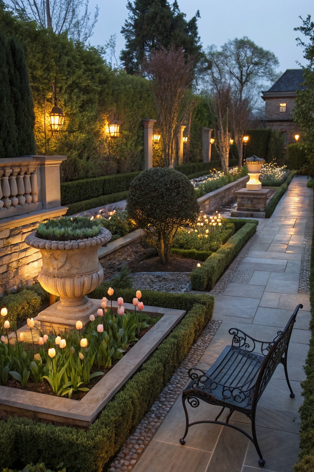 Dusk-lit garden pathway with boxwood hedges, raised stone beds containing tulips in large urns with candles, stone walls, pedestals with lanterns, and a wrought iron bench.