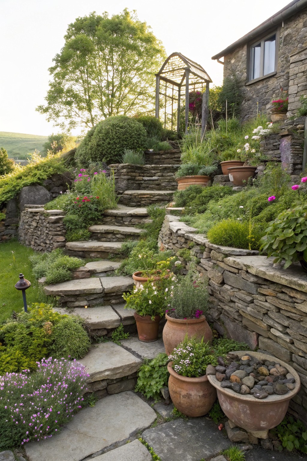 Irregular stone slab steps ascend a terraced hillside garden beside a stone house wall, with terracotta pots of flowers and greenery placed along the steps and walls amid planted beds and shrubs.