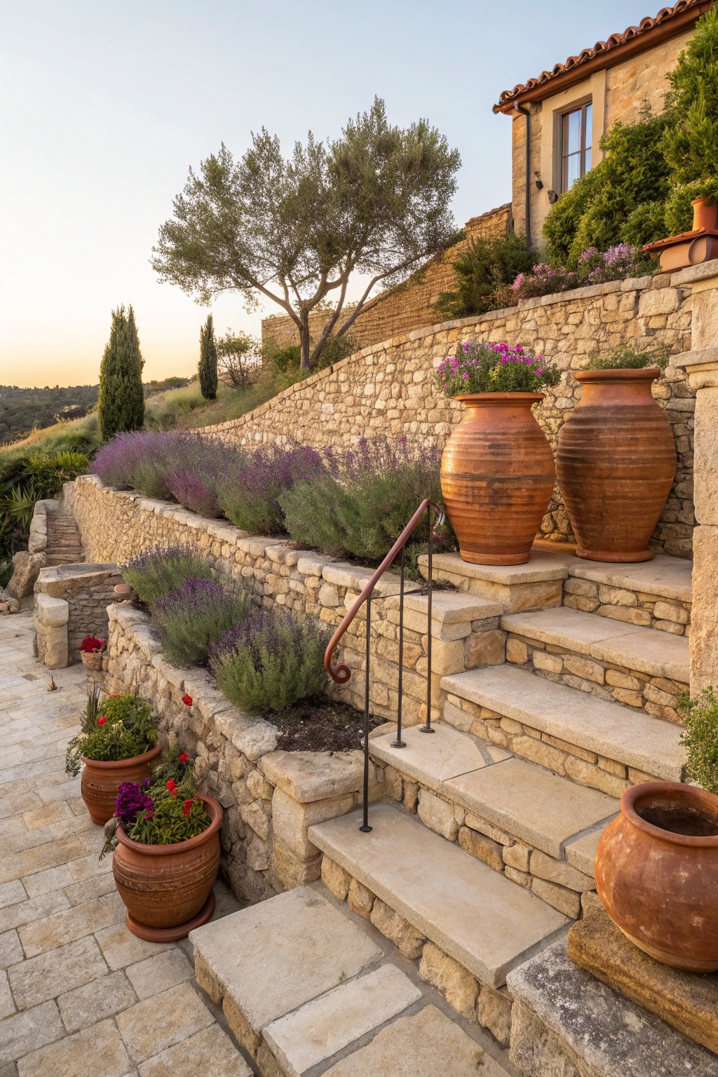Terraced dry-stone walls planted with lavender bushes and featuring multiple large terracotta urns on steps beside a stone house exterior.
