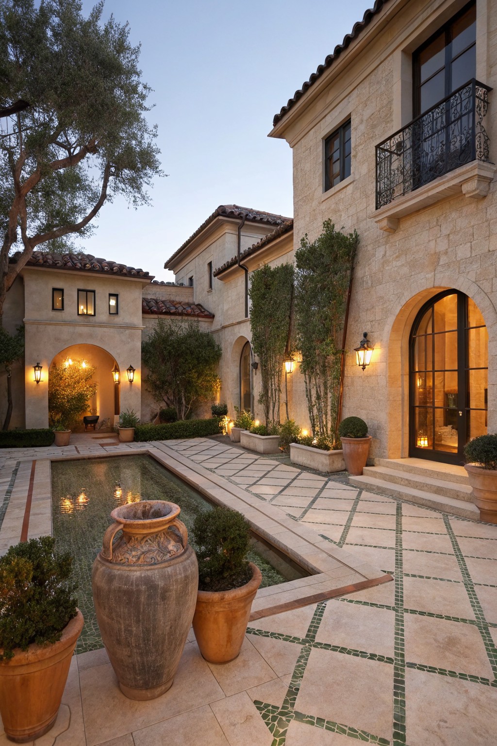 Stone-tiled courtyard at dusk with rectangular reflecting pool, large terracotta pots planted with greenery, arched stucco walls, lanterns, olive trees, and potted plants.