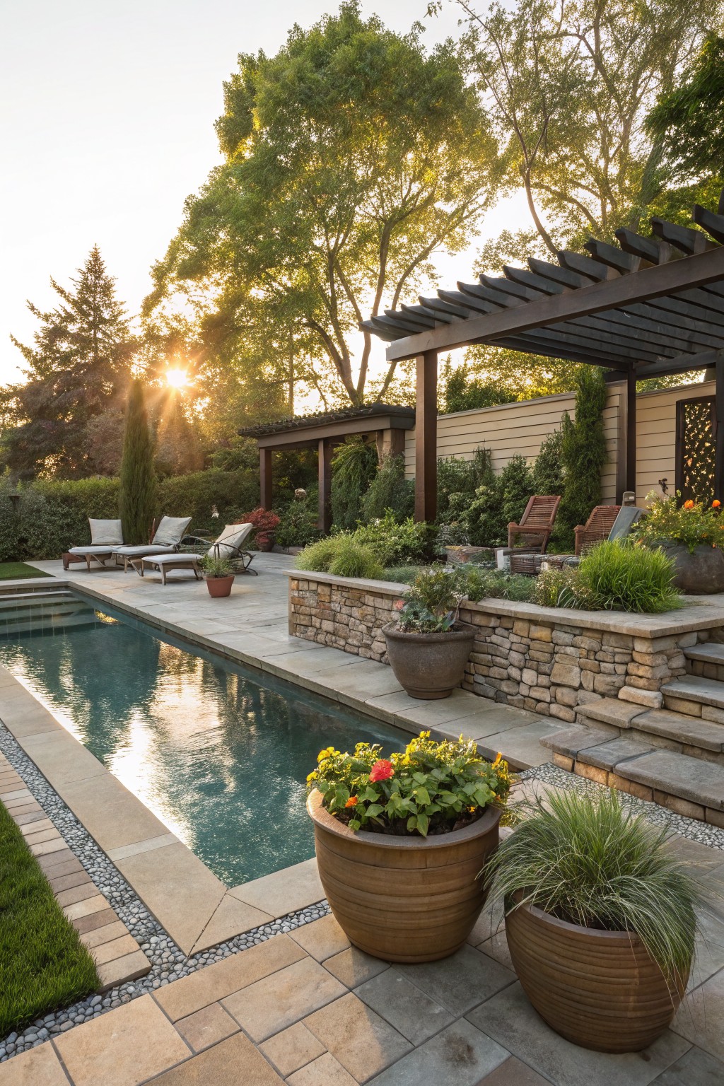 Terracotta Pots Line Stone Pool Edges