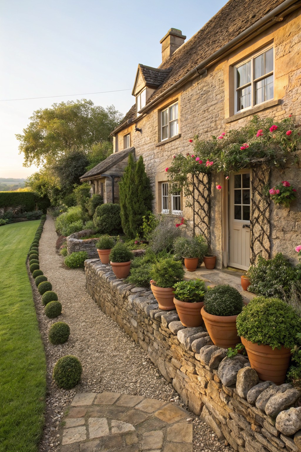 Stone cottage exterior with gravel path edged by low dry-stone wall topped with terracotta pots of topiary shrubs, climbing roses on trellis by entrance door, and manicured lawn border.