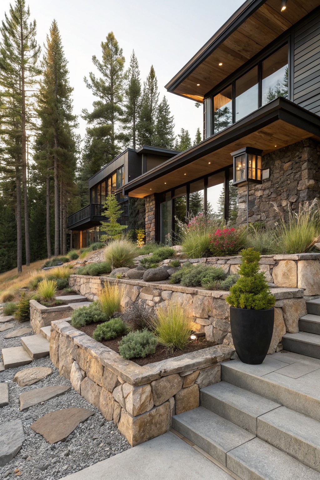 Modern black house on a wooded slope with tiered dry-stacked stone retaining walls planted with ornamental grasses, shrubs, and succulents, stone steps leading up, and a large black pot beside the entrance.