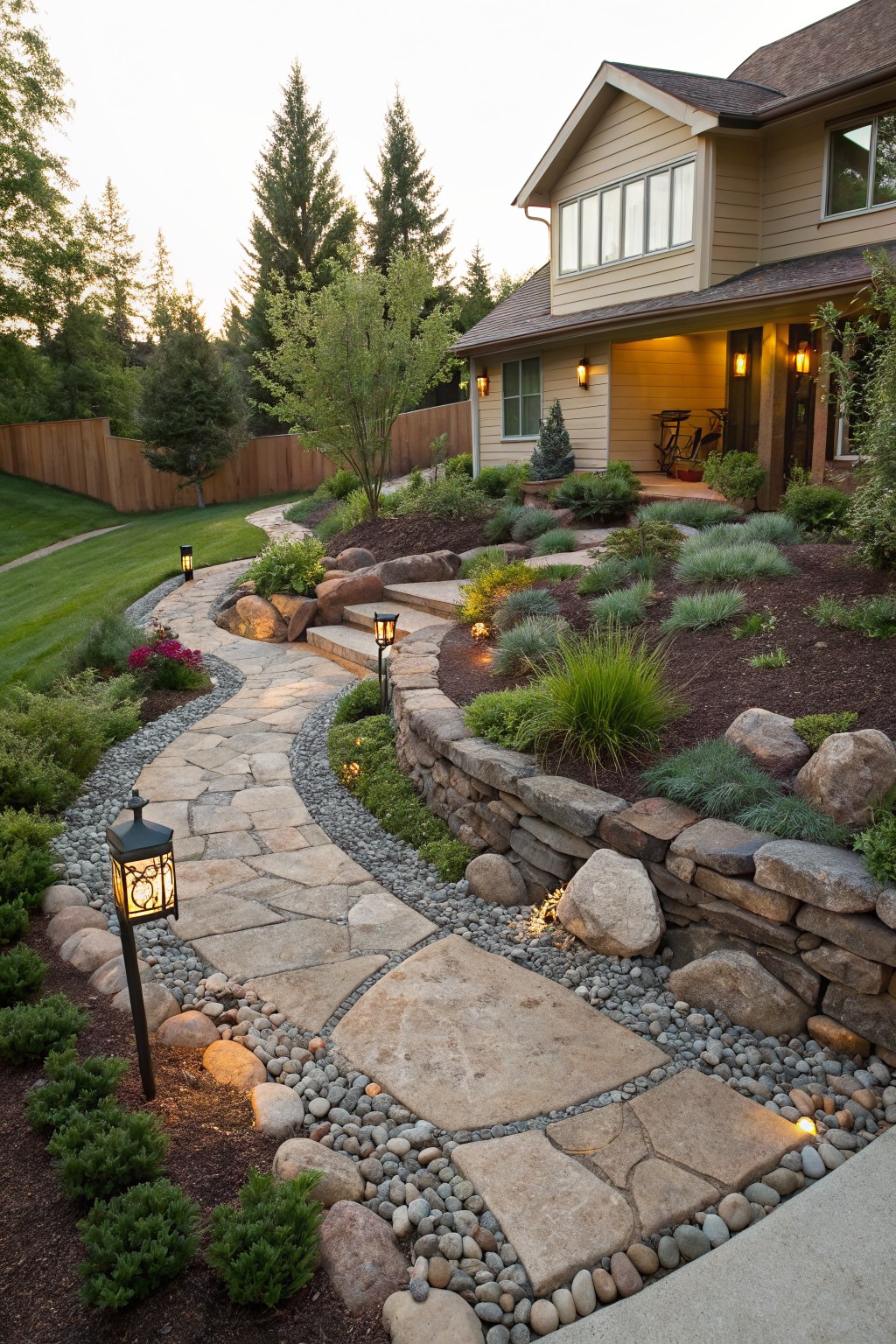 Winding flagstone path edged with pebbles and rocks winds through a landscaped garden bed with plants, boulders, and lanterns toward a beige house exterior.