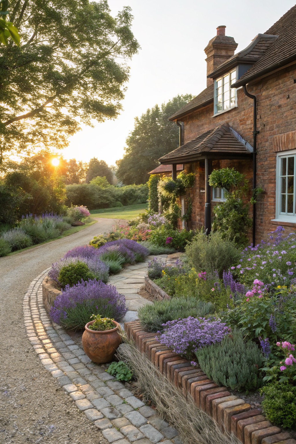 Curved gravel driveway edged by low brick retaining walls planted with purple lavender, pink flowers, green shrubs, and herbs, next to a brick house with a stone path and terracotta pot in the foreground at sunset.