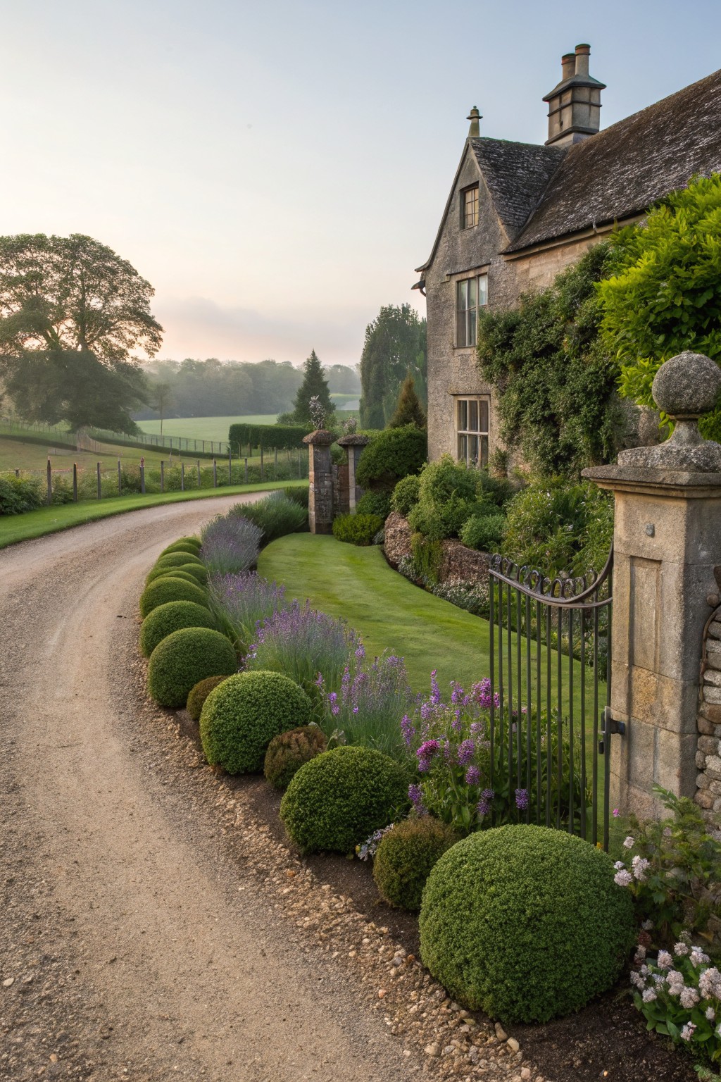 Gravel driveway bordered by spherical boxwood shrubs and blooming lavender plants beside a manicured lawn, leading to an iron gate and stone house entrance.