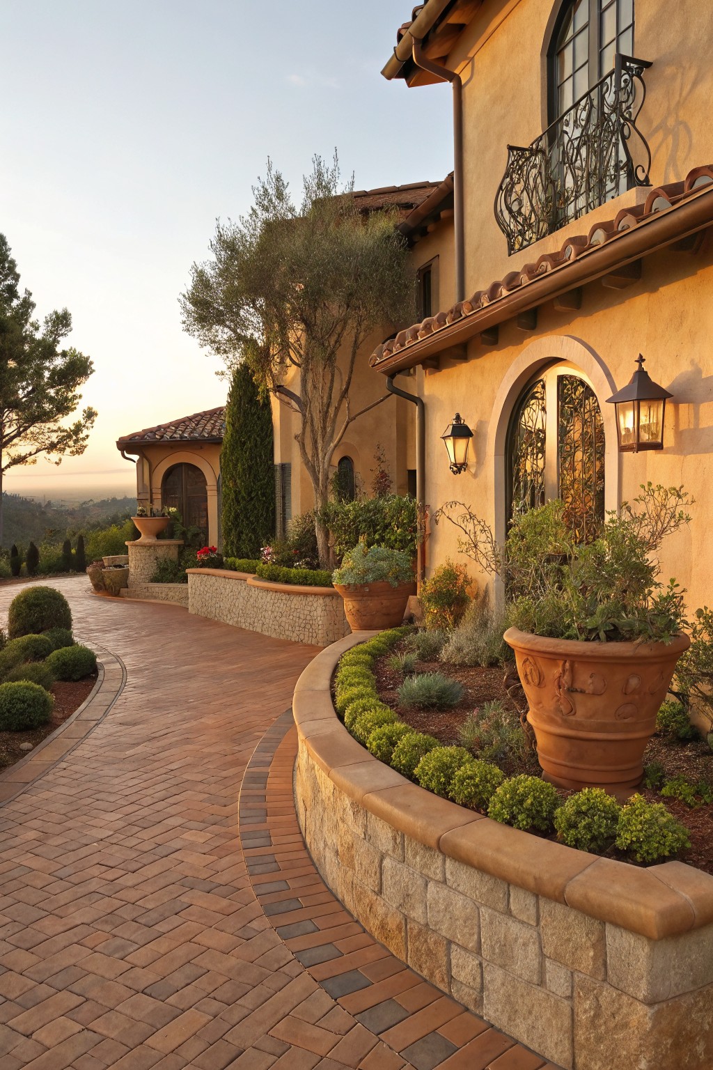 Curved brick paver driveway edged by low stucco stone wall with boxwood shrubs, lavender plants, and large terracotta pots in flower beds, beside a yellow stucco house with arched door and windows.