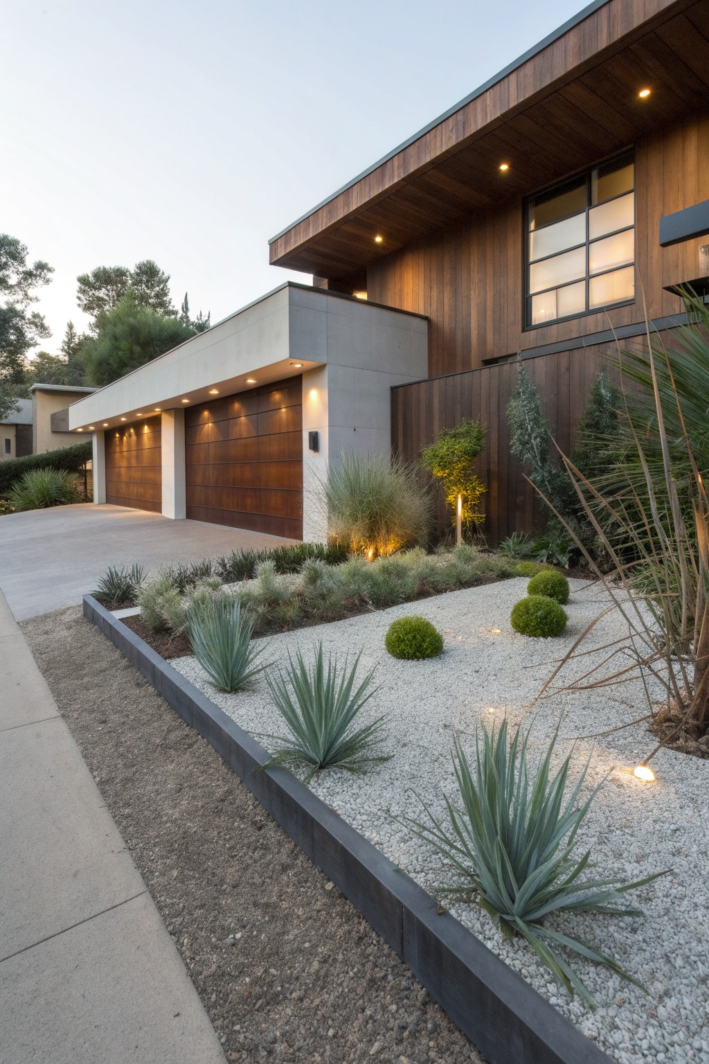 Modern house exterior featuring a two-car garage, concrete driveway, and edge beds with agave plants, ornamental grasses, boxwood spheres, white pebble mulch, and black edging.