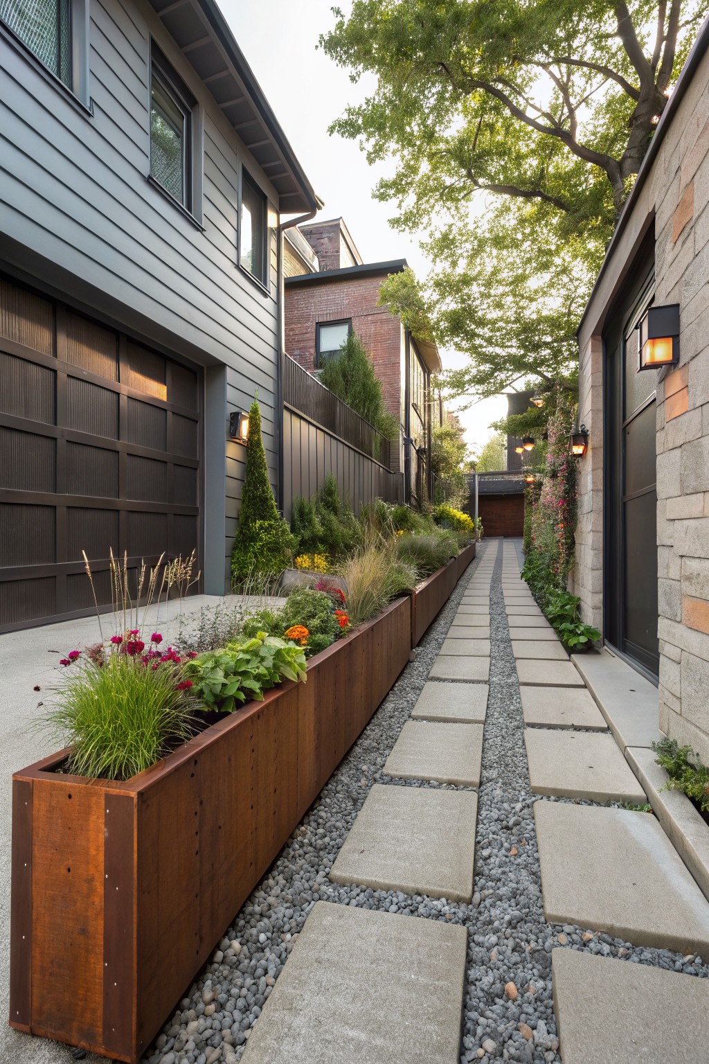 Narrow driveway pathway of concrete pavers and gravel between two garages, lined with long rectangular wooden planters filled with ornamental grasses, flowers, and shrubs, next to stone and wood-clad house walls under a tree canopy.