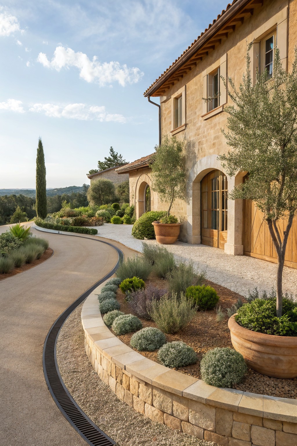 Curved driveway edged by low beige stone retaining wall and flower beds with olive trees, lavender, grasses, and succulents in terracotta pots next to a stone house with terracotta roof on a hillside.