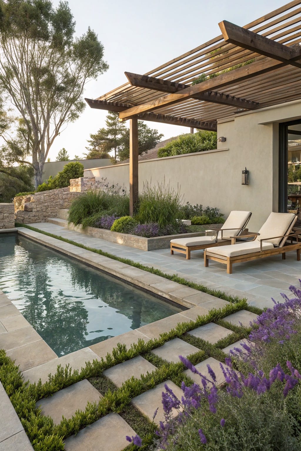 Gray rectangular stone pavers arranged in a grid pattern around a rectangular pool, with low green boxwood hedges planted between the pavers and clusters of purple lavender plants nearby, wooden chaise lounges under a pergola, and beige stucco wall in the background.