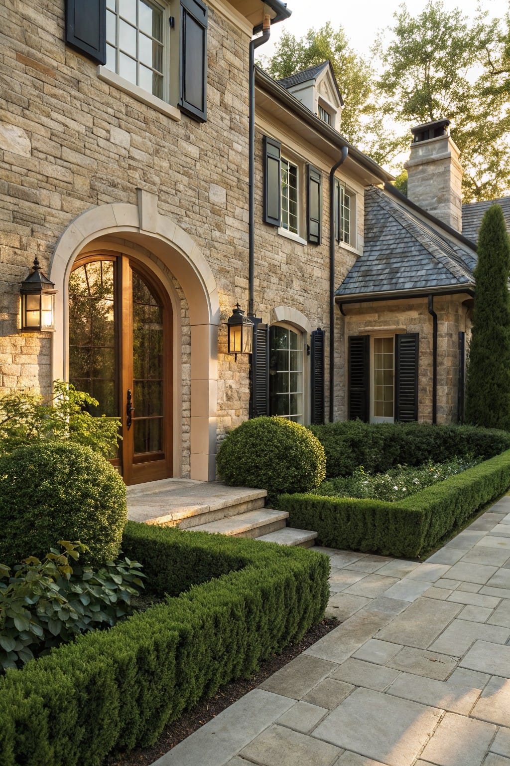 Stone pathway bordered by low trimmed boxwood hedges and topiary shrubs leading to an arched wooden entry door on a beige stone house with black shutters and lanterns.