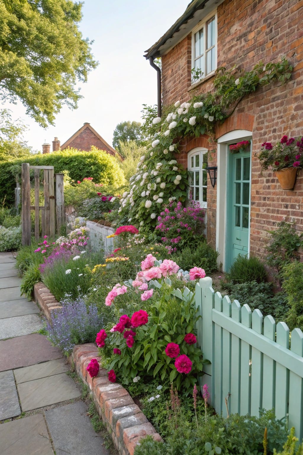 Stone pathway edged by low red brick walls with pink peonies, lavender, and other flowers leading to a mint green door on a brick cottage house covered in white climbing hydrangeas and fronted by a green picket fence.