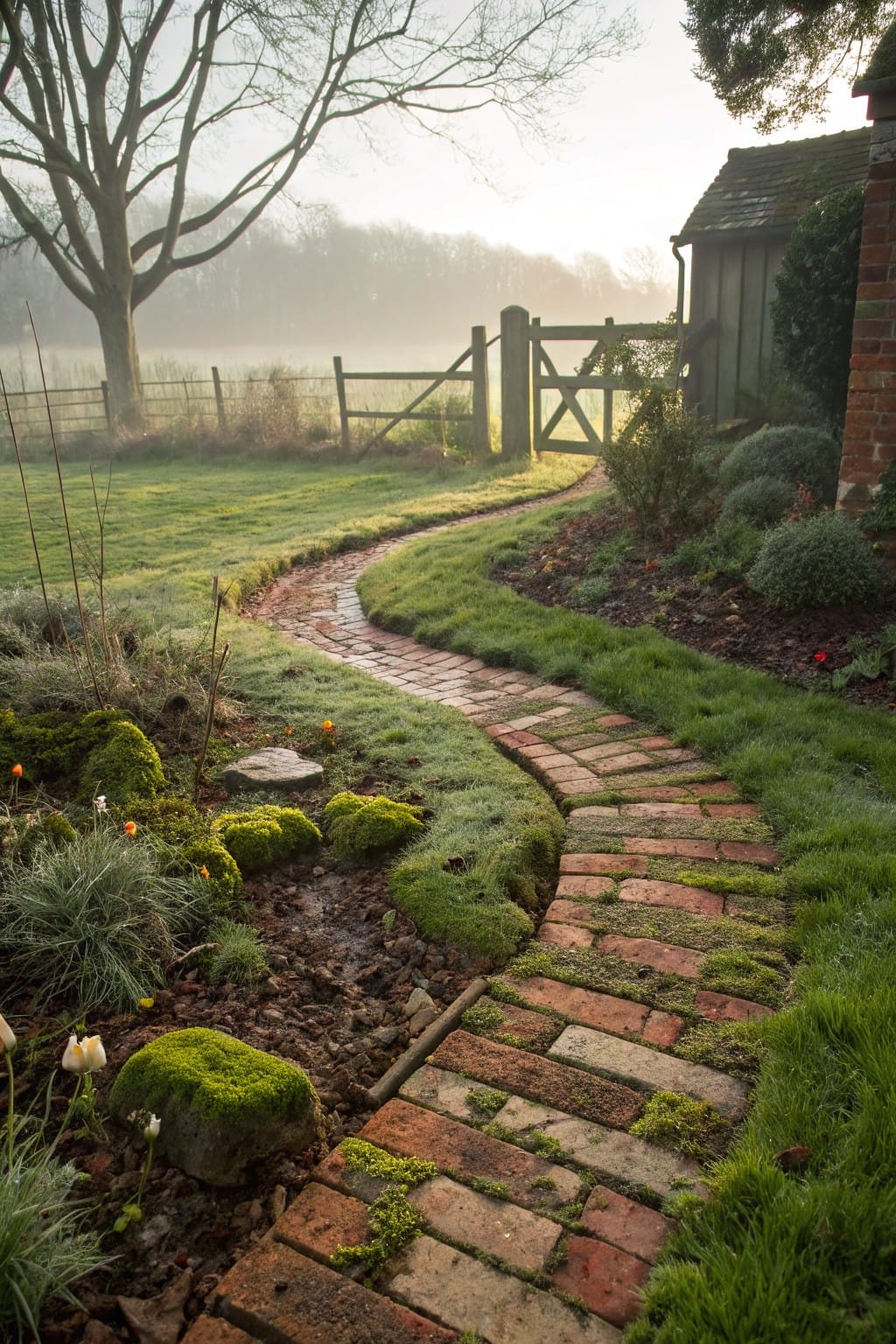 A curving path of weathered red bricks partially covered in moss winds through a garden with grass verges, low plants, mossy rocks, and flowers, leading past shrubs to a wooden gate and shed beside a misty field and large tree.