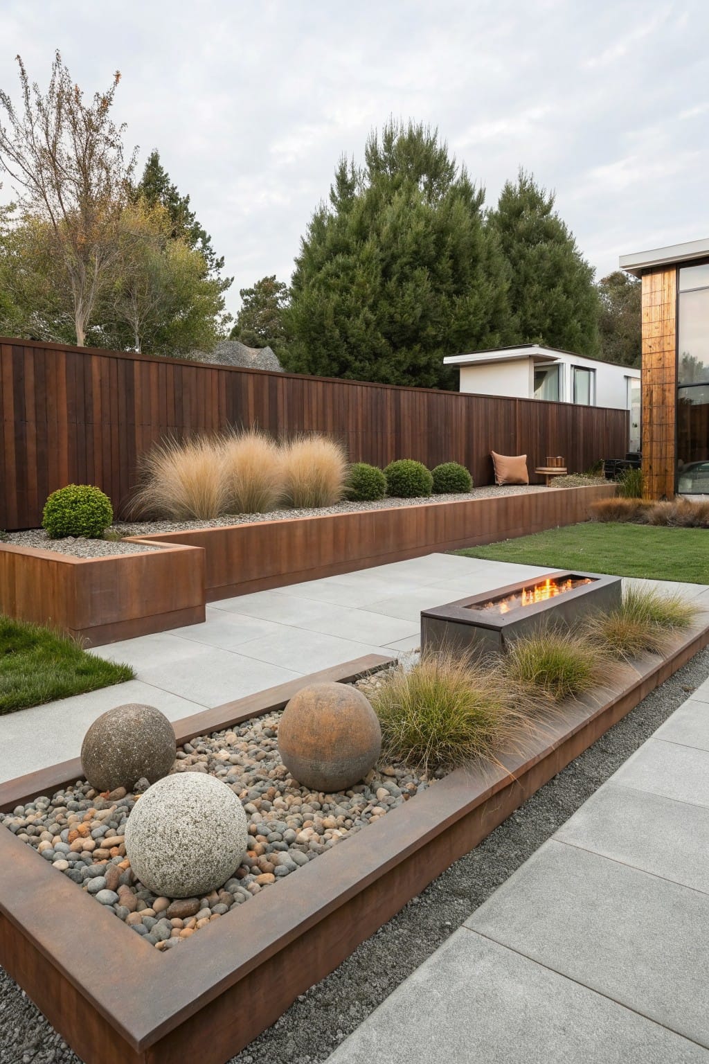 Backyard scene showing corten steel raised planters filled with large boulders, pebbles, and ornamental grasses bordering a concrete paver patio and lawn area, with a linear metal fire pit nearby, wooden fence, and trees.