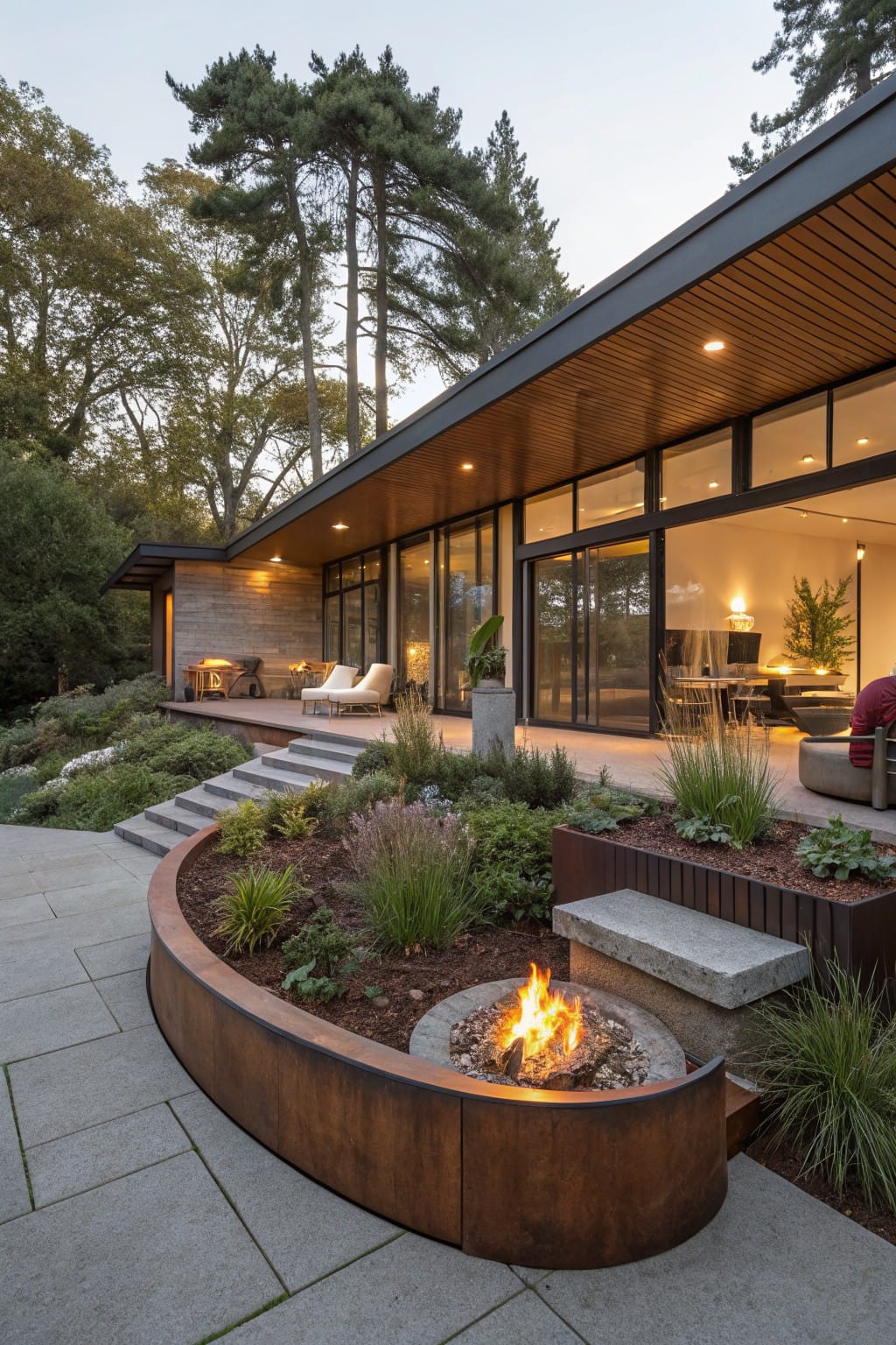 Modern backyard patio with a house featuring large sliding glass doors and wooden deck, stone steps leading to a curved corten steel raised garden bed containing a fire pit, surrounded by plants and trees.