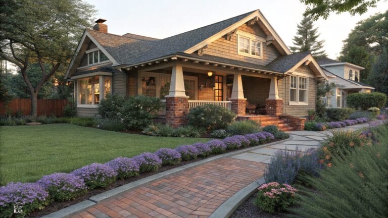 Winding brick pathway bordered by a low brick retaining wall planted with lavender, salvia, and other perennials leading to the front steps of a brick Craftsman-style house.