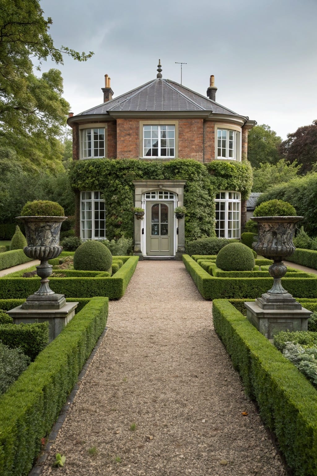Octagonal red brick house partially covered in ivy with tall windows, approached by a straight gravel path edged by symmetrical low boxwood hedges in geometric parterre patterns and flanked by large stone urns with topiary.