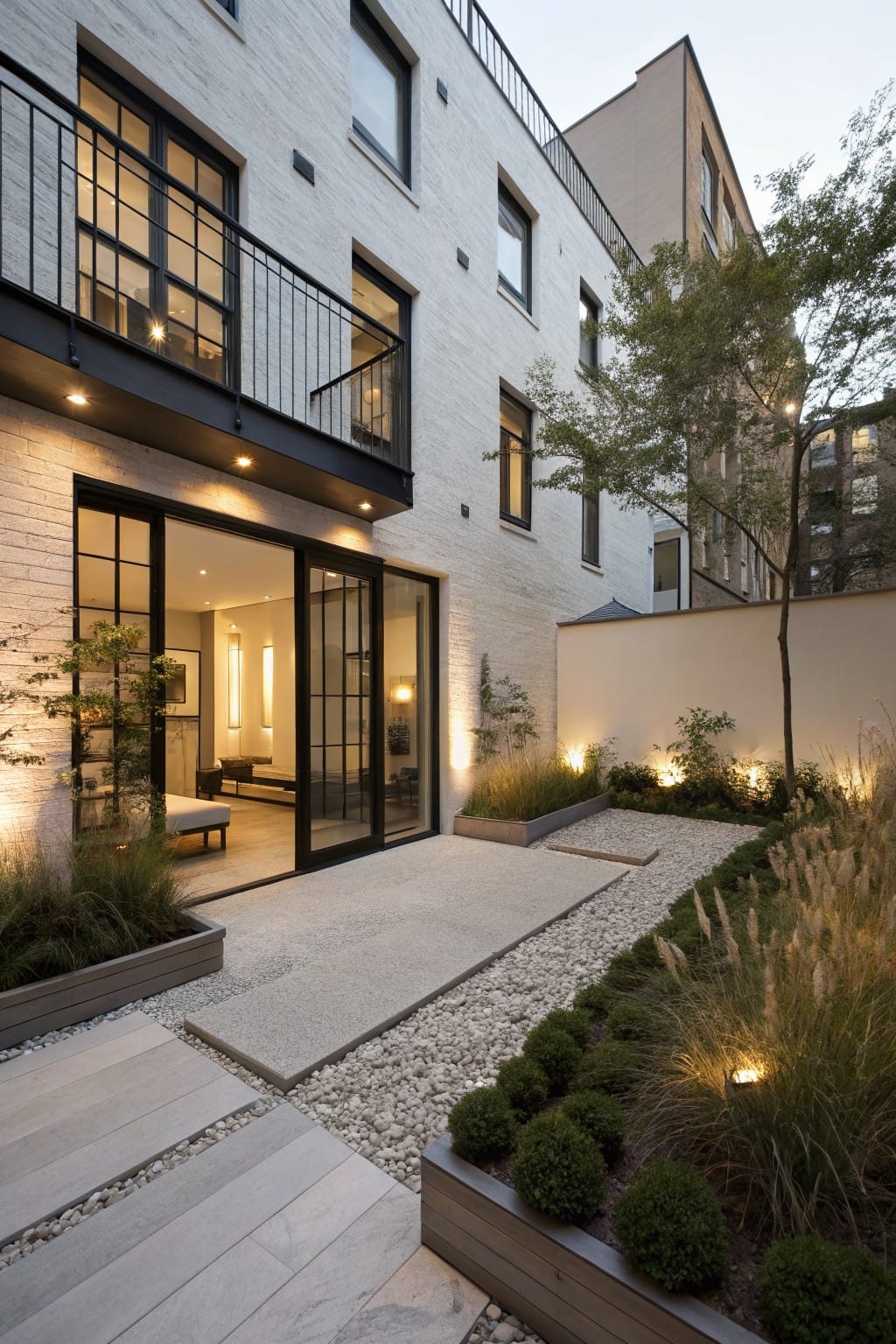 White brick house with black metal-framed sliding glass doors open to a backyard patio featuring a gravel path edged by tall grasses and boxwood shrubs, wooden deck platforms, and ground lights.