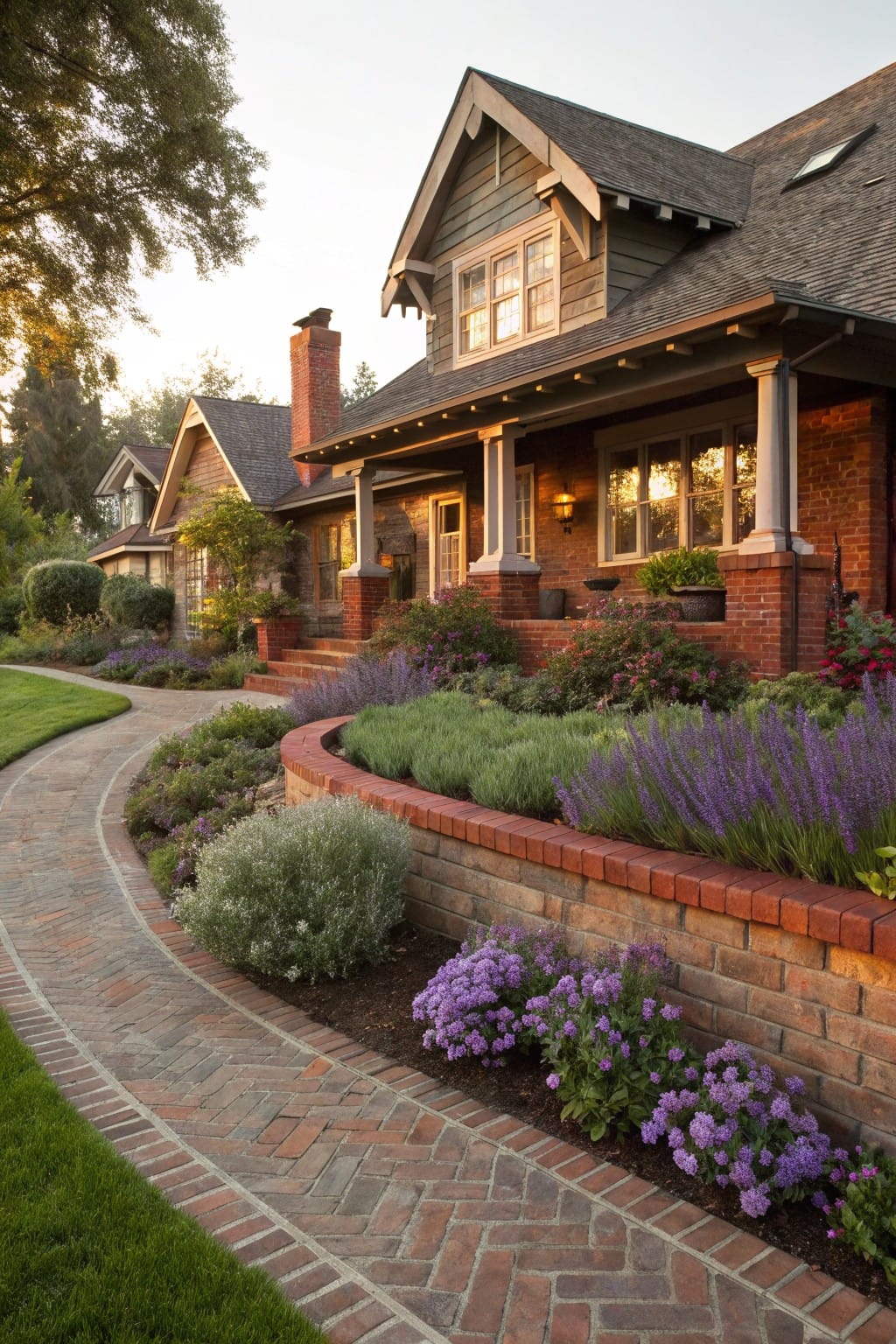 Winding brick pathway bordered by a low brick retaining wall planted with lavender, salvia, and other perennials leading to the front steps of a brick Craftsman-style house.