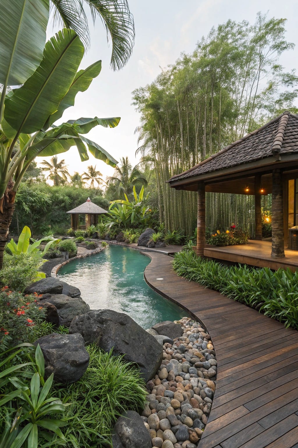 Curved turquoise pool in a tropical garden edged with black rocks and pebbles, surrounded by lush plants, bamboo, palms, and a wooden walkway to a pavilion structure.