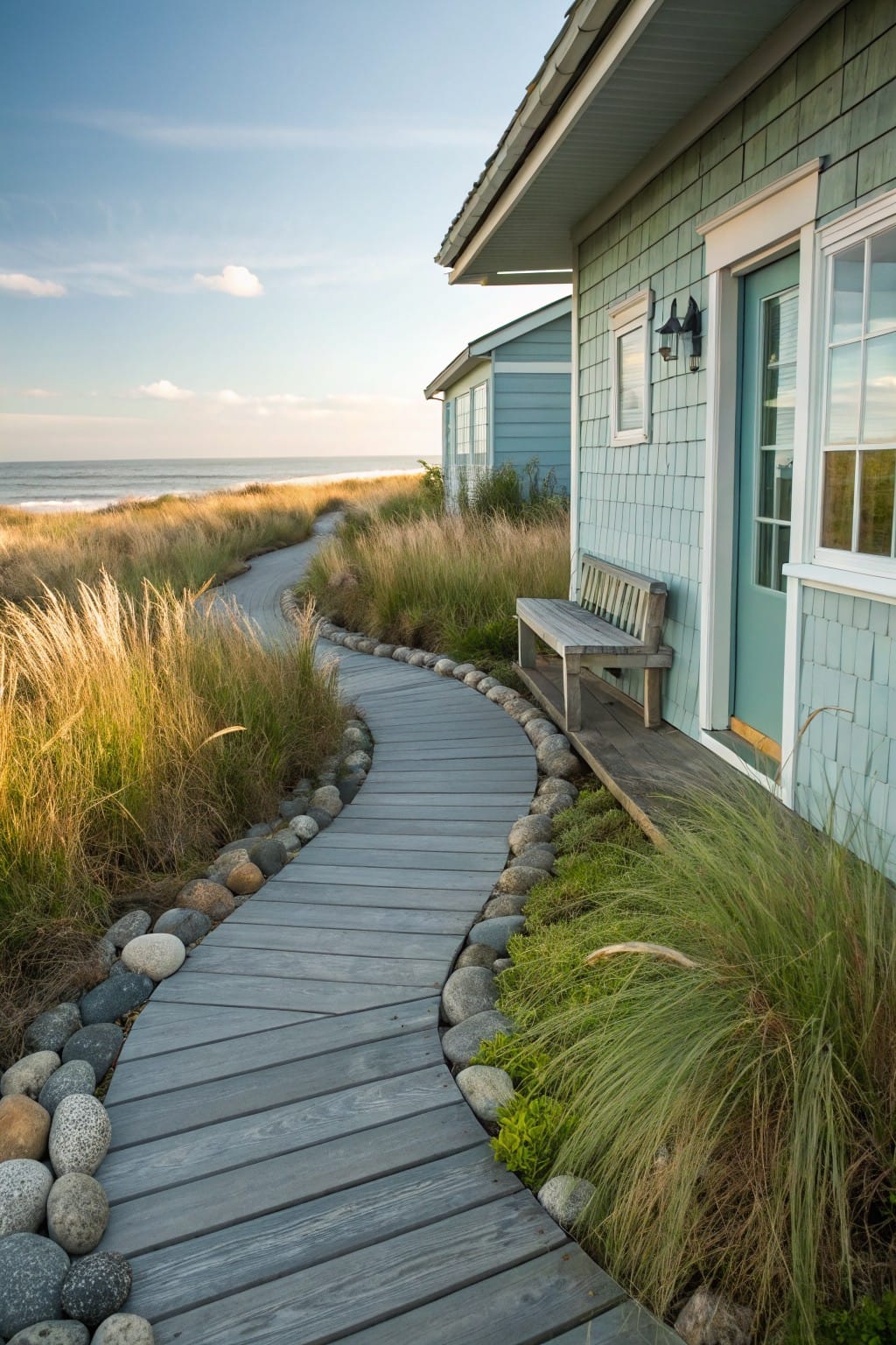 Gray wooden boardwalk path curving through tall grasses and edged with rounded gray and white pebbles, next to a light blue shingled beach house with ocean dunes visible in the background.