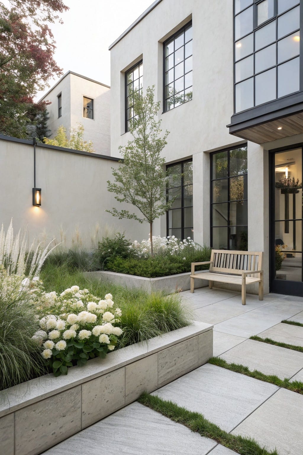 Beige stucco house exterior with black-framed windows and doors, concrete paver patio with wooden bench, and adjacent raised concrete planters containing ornamental grasses and white hydrangea flowers.