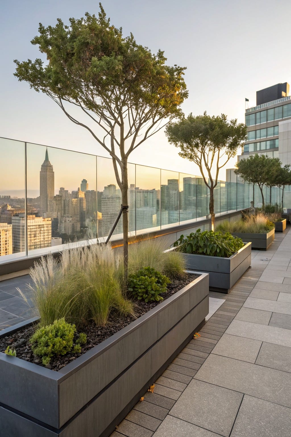 Rooftop terrace walkway lined with tall black rectangular planters containing ornamental grasses, shrubs, and small trees, with glass railing overlooking city skyline at sunset.