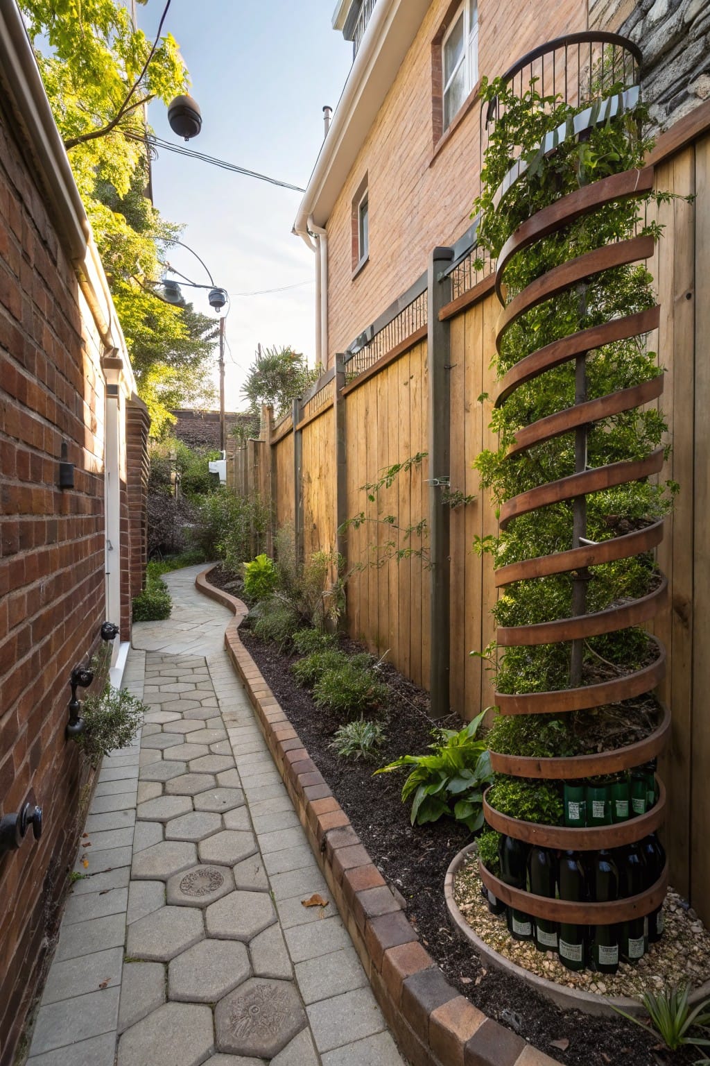 Narrow garden path of hexagonal stone pavers edged with plants, featuring a tall spiral metal trellis wrapped in greenery and a base of wine bottles, between a brick wall and wooden fence.