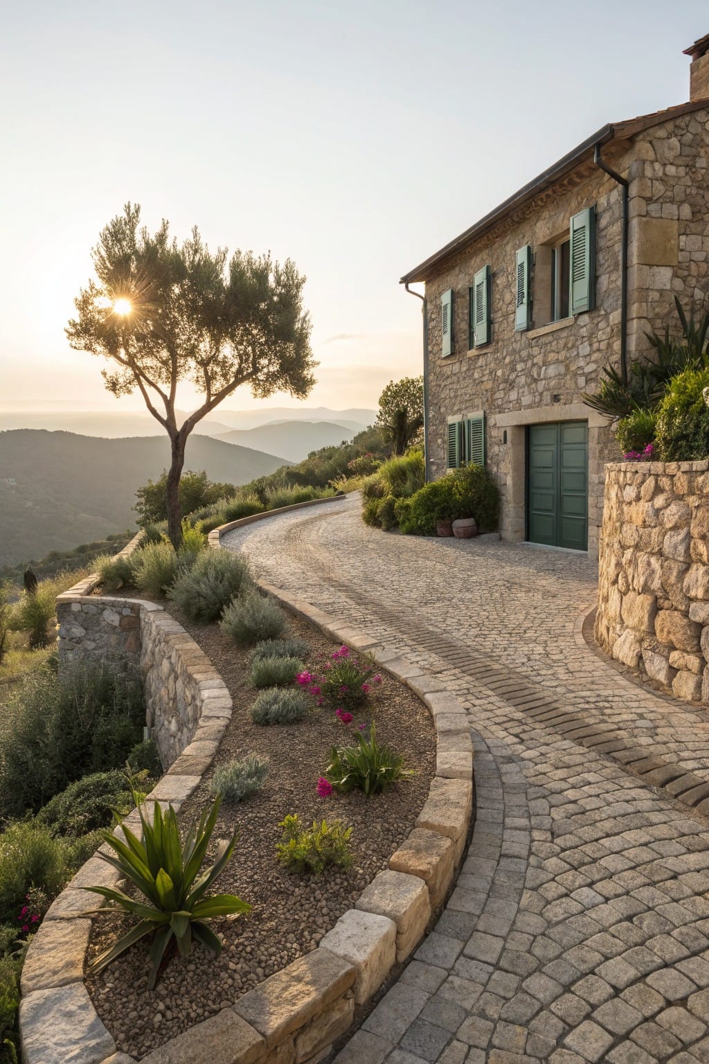 Curved cobblestone driveway beside a stone house edged by low dry-stacked stone retaining walls planted with agave, lavender, and succulents on a hillside.