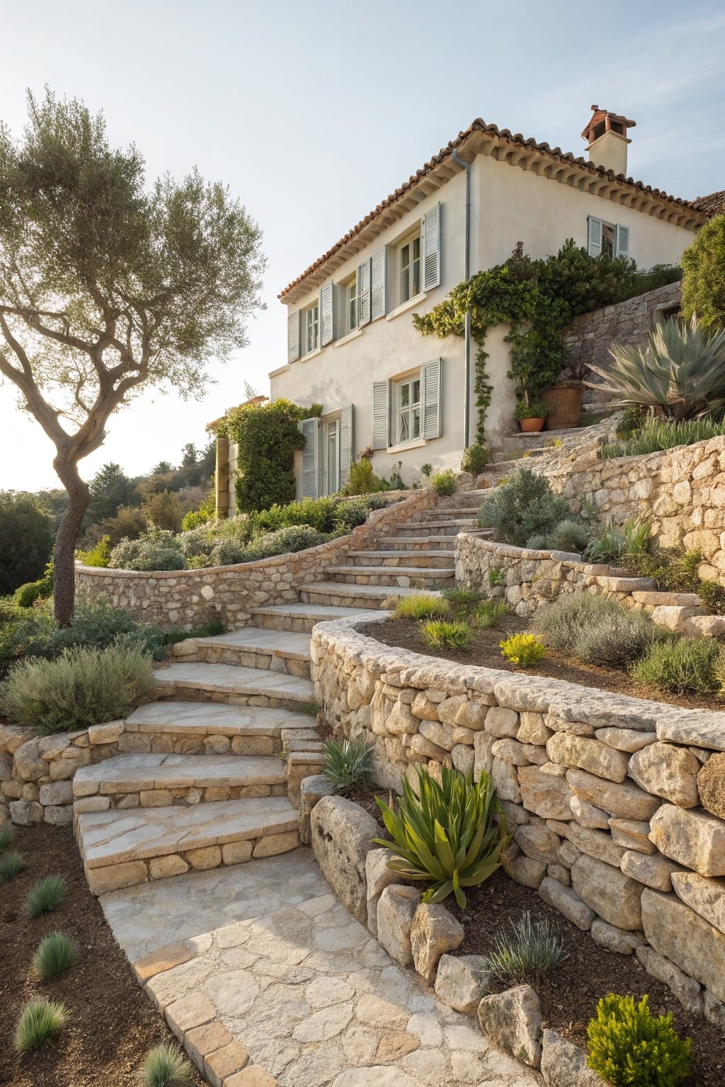 A light beige stucco house with green shutters and terracotta tile roof on a terraced hillside, featuring curved dry stone retaining walls, winding stone steps, olive trees, agave plants, and low shrubs.