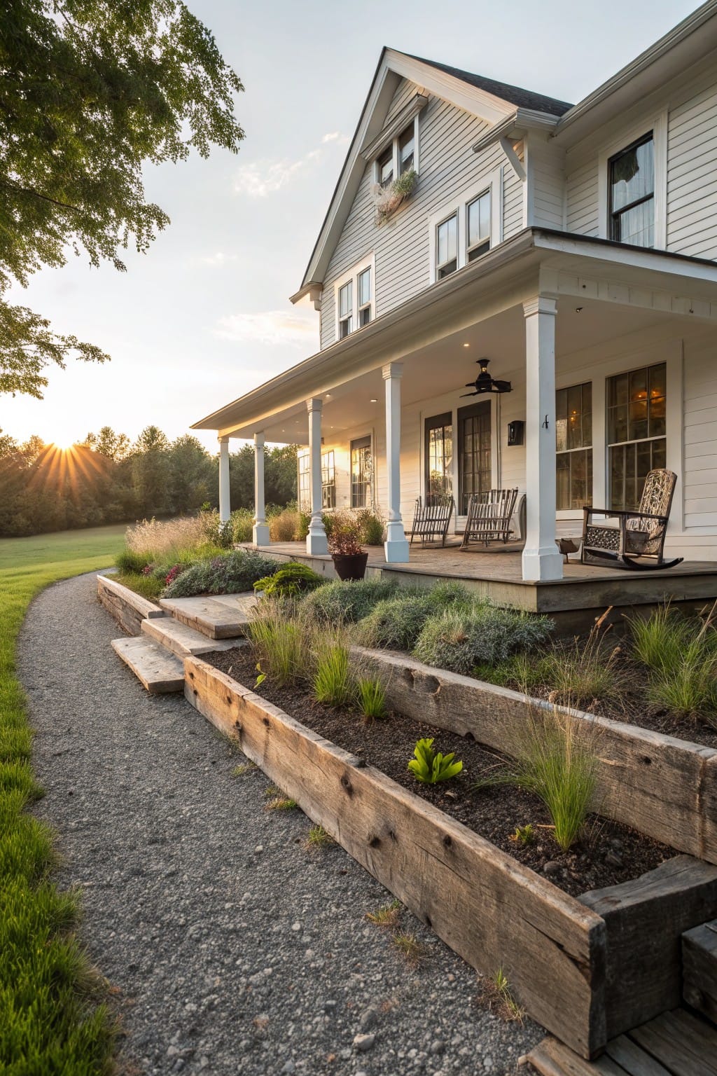 White farmhouse-style house with wraparound porch and rocking chairs, gravel pathway with stone steps edged by raised wooden planters filled with grasses and plants, landscaped yard and trees at sunset.