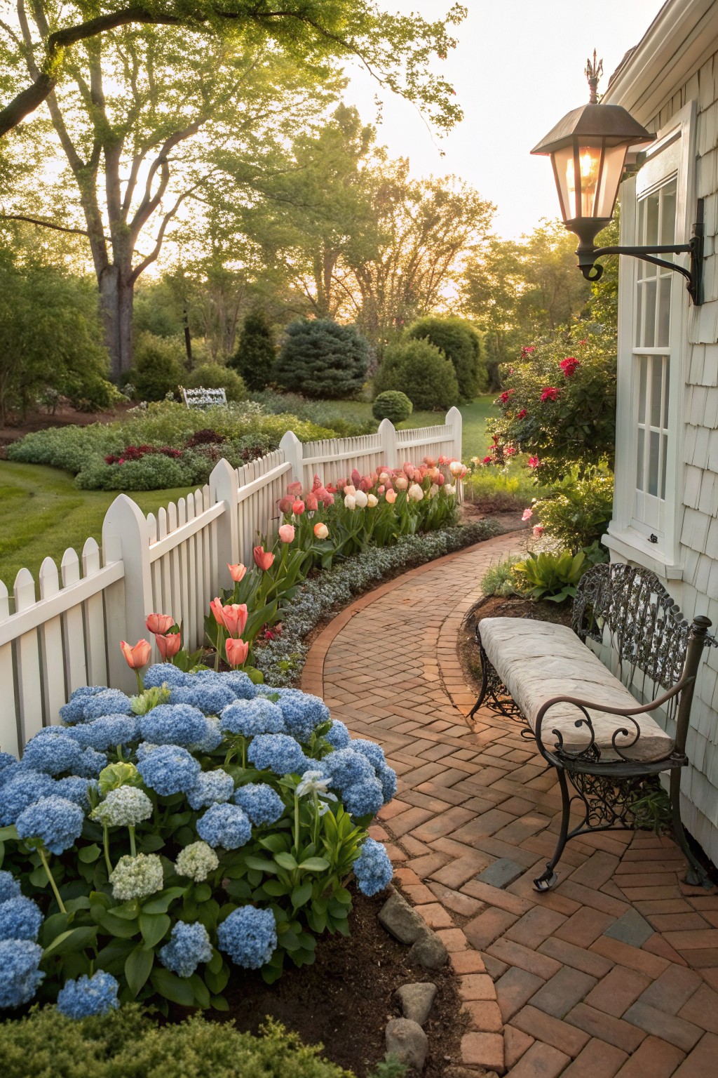 Curved red brick pathway edged with orange tulips along a white picket fence and large blue hydrangea bushes next to a beige shingled house wall, with a black metal bench nearby and lantern light above a window.