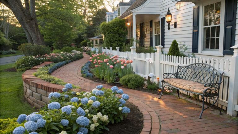 Curved red brick pathway edged with orange tulips along a white picket fence and large blue hydrangea bushes next to a beige shingled house wall, with a black metal bench nearby and lantern light above a window.