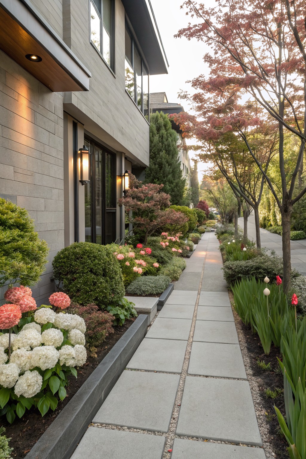 A concrete pathway beside a modern gray brick house, edged by landscaped beds with white and pink hydrangea blooms, red tulips, green shrubs, and trees in a leafy neighborhood setting.