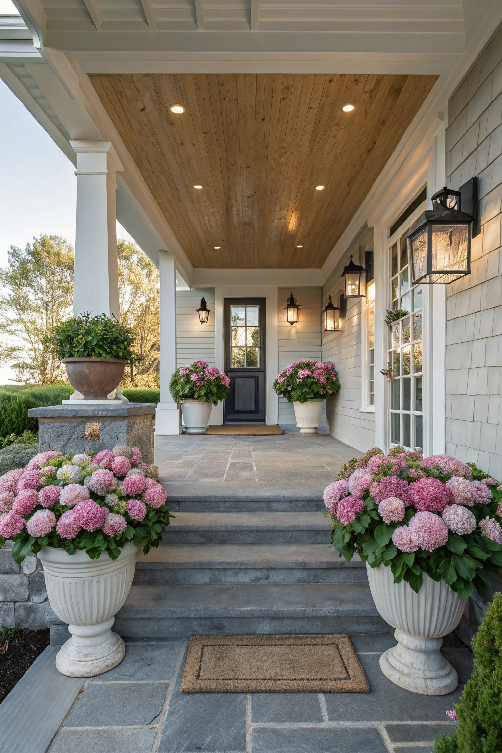 Front porch entryway of a light gray shingled house with white columns, black door flanked by glass panels, lanterns, and large white urns overflowing with pink hydrangea blooms positioned on either side of gray stone steps.