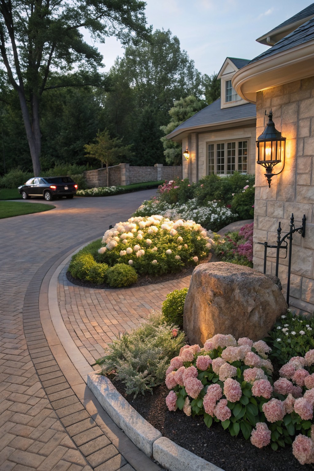 Curved brick paver driveway bordered by white and pink hydrangea bushes, green shrubs, small flowers, and a large boulder against a beige stone house wall with lanterns at dusk.