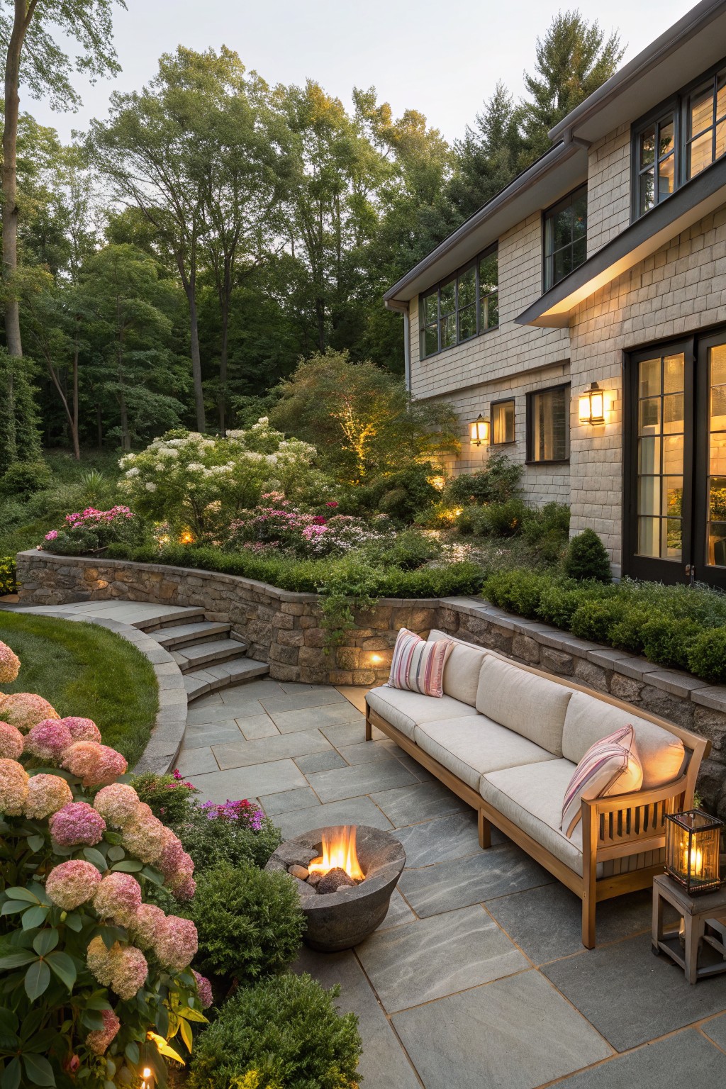 Curved stone retaining wall planted with pink and white hydrangea bushes bordering a bluestone patio with beige sofa, stone fire pit, lanterns, steps to lawn, shrubs, and shingled house exterior in background at dusk.